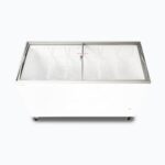 Image of a 427L medium white display chest freezer with a curved glass top, top view.
