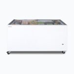 Image of a 491L medium white display chest freezer with a flat glass top, front view with frozen goods inside.