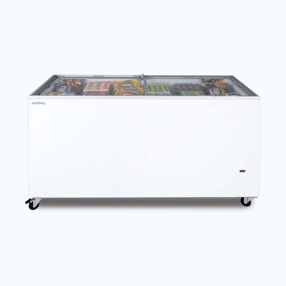 Image of a 491L medium white display chest freezer with a flat glass top, front view with frozen goods inside.