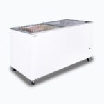 Image of a 491L medium white display chest freezer with a flat glass top, left angled view with frozen goods inside.