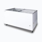 Image of a 401L medium white display chest freezer with a flat glass top, right angled view with frozen goods inside.