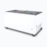 Image of a 401L medium white display chest freezer with a flat glass top, right angled view with frozen goods inside.
