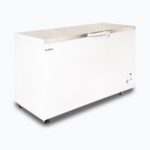 Image of a 492L medium white chest freezer with a stainless steel top, left angled view.