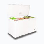 Image of a 492L medium white chest freezer with a stainless steel top, left angled view with frozen goods inside.