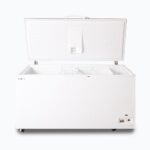 Image of a 492L medium white chest freezer with a stainless steel top that is opened.