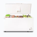 Image of a 492L medium white chest freezer with a stainless steel top that is opened with frozen goods inside.