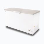 Image of a 492L medium white chest freezer with a stainless steel top, right angled view.
