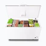 Image of a 492L medium white chest freezer with a stainless steel top, top view with frozen goods inside.