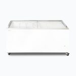 Image of a 555L large white display chest freezer with a curved glass top, front view.