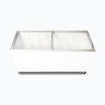Image of a 555L large white display chest freezer with a curved glass top, top view.