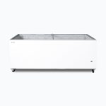 Image of a 670L large white display chest freezer with a flat glass top, front view.