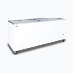 Image of a 670L large white display chest freezer with a flat glass top, left angled view.