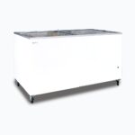 Image of a 670L large white display chest freezer with a flat glass top, left angled view with frozen goods inside.