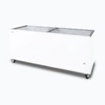Image of a 670L large white display chest freezer with a flat glass top, right angled view.
