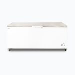 Image of a 675L medium white chest freezer with a stainless steel top, front view.