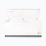 Image of a 675L large white chest freezer with a stainless steel top that is opened.