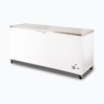 Image of a 675L large white chest freezer with a stainless steel top, right angled view.