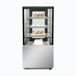 Image of a 660mm wide stainless steel cold food display, front view with desserts inside.