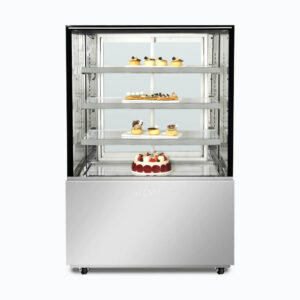 Image of a 900mm wide stainless steel cold food display, front view with desserts inside.