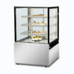Image of a 900mm wide stainless steel cold food display, right angled view with desserts inside.