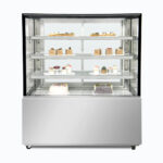 Image of a 1200mm wide stainless steel cold food display, front view with desserts inside.