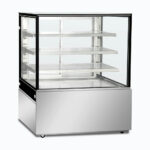 Image of a 1200mm wide stainless steel cold food display, left angled view.