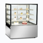 Image of a 1200mm wide stainless steel cold food display, left angled view with desserts inside.