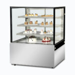 Image of a 1200mm wide stainless steel cold food display, right angled view with desserts inside.
