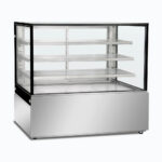 Image of a 1500mm wide stainless steel cold food display, left angled view.