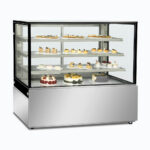 Image of a 1500mm wide stainless steel cold food display, left angled view with desserts inside.