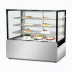 Image of a 1500mm wide stainless steel cold food display, right angled view with desserts inside.