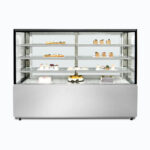 Image of a 1800mm wide stainless steel cold food display, front view with desserts inside.