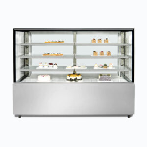 Image of a 1800mm wide stainless steel cold food display, front view with desserts inside.