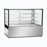 Image of a 1800mm wide stainless steel cold food display, left angled view.