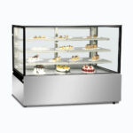 Image of a 1800mm wide stainless steel cold food display, left angled view with desserts inside.