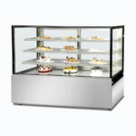 Image of a 1800mm wide stainless steel cold food display, right angled view with desserts inside.