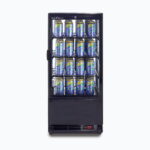 Image of a 78L black countertop fridge with a flat glass, front view with canned drinks inside.