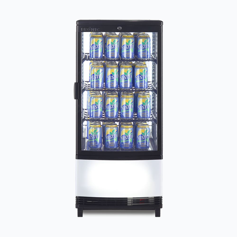 Image of a 80L black countertop fridge with a curved glass, front view with canned drinks inside.
