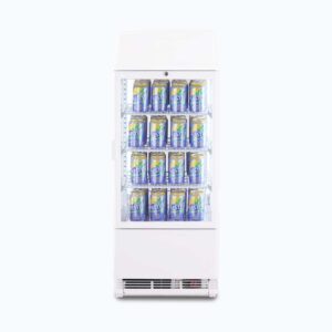 Image of a 78L white countertop fridge with a flat glass and lightbox, front view with canned drinks inside.