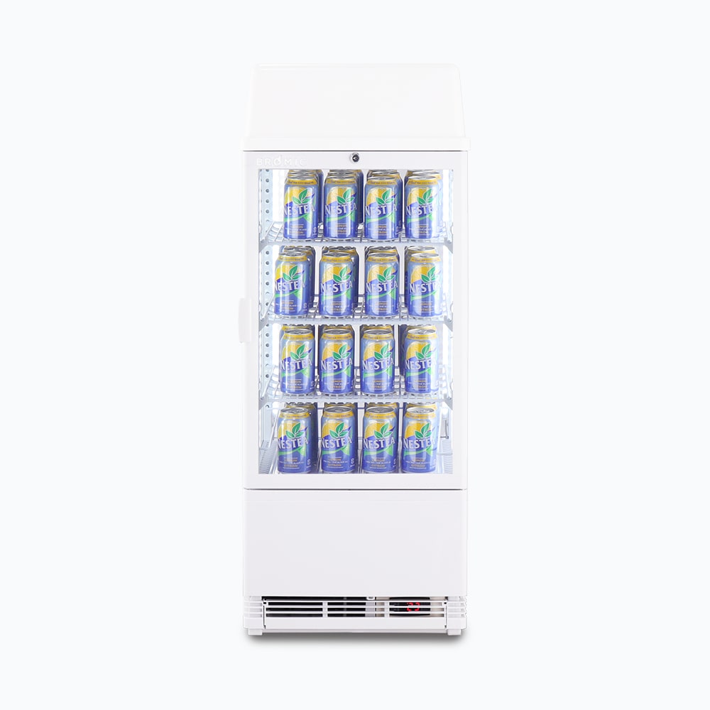 Image of a 78L white countertop fridge with a flat glass and lightbox, front view with canned drinks inside.
