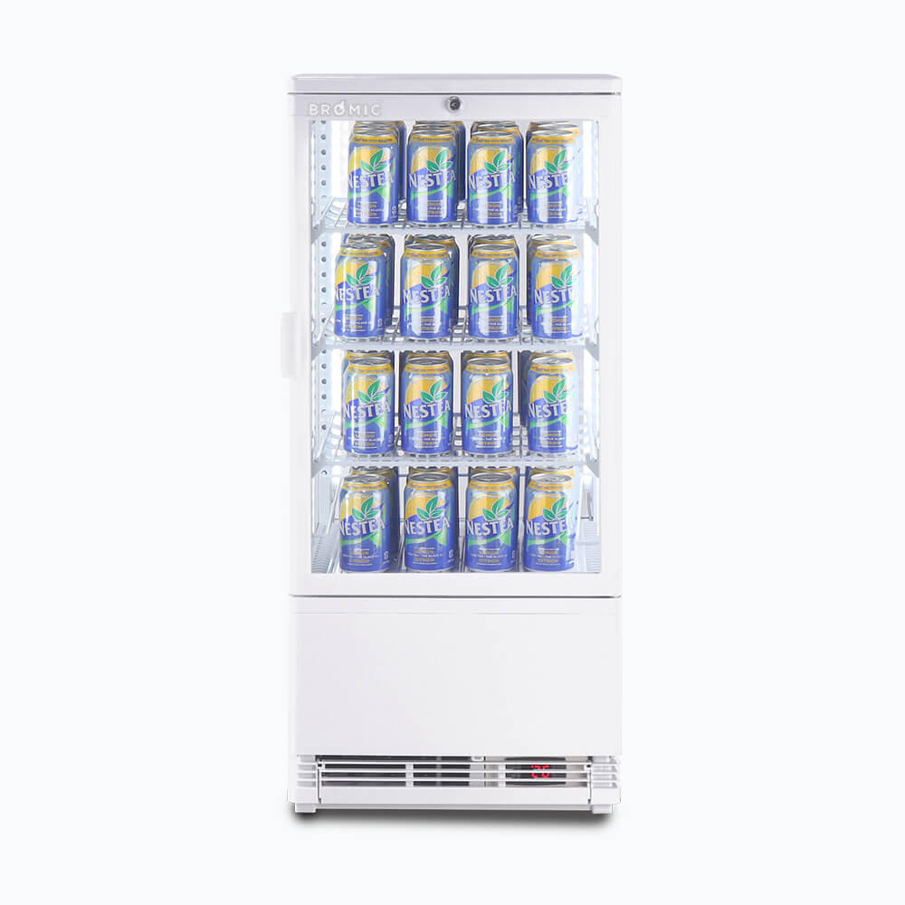 Image of a 78L white countertop fridge with a flat glass, front view with canned drinks inside.