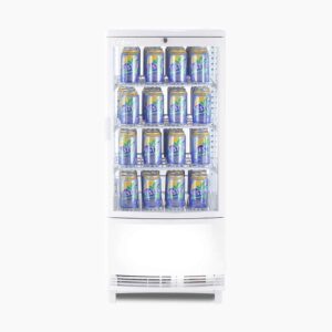 Image of a 80L white countertop fridge with a curved glass, front view with canned drinks inside.