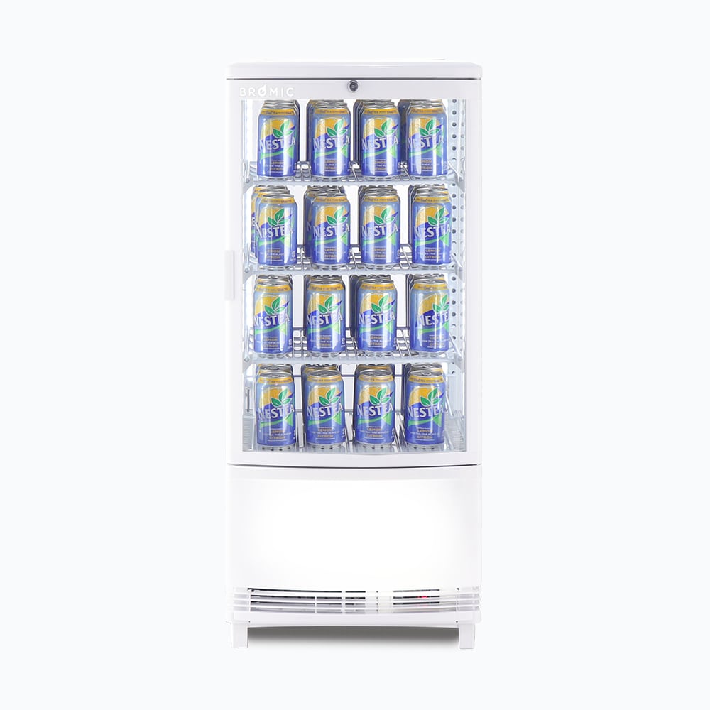 Image of a 80L white countertop fridge with a curved glass, front view with canned drinks inside.