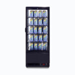 Image of a 98L black countertop fridge with a flat glass, front view with canned drinks inside.