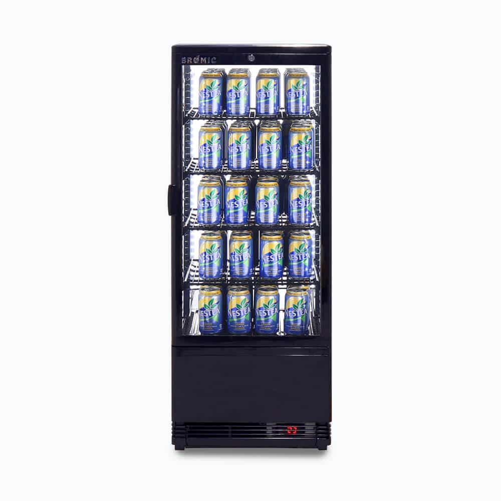 Image of a 98L black countertop fridge with a flat glass, front view with canned drinks inside.