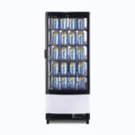 Image of a 98L black countertop fridge with a curved glass, front view with canned drinks inside.