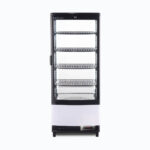 Image of a 98L black countertop fridge with a curved glass, front view.