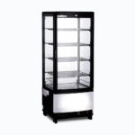 Image of a 98L black countertop fridge with a curved glass, left angled view.