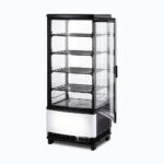 Image of a 98L black countertop fridge with a curved glass, door opened.