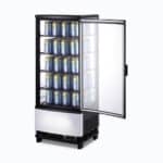 Image of a 98L black countertop fridge with a curved glass, door opened with canned drinks inside.